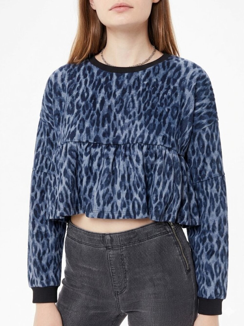 Urban Outfitters Blue Leopard Print Cropped Faux Fur Sweater Top Medium Like New